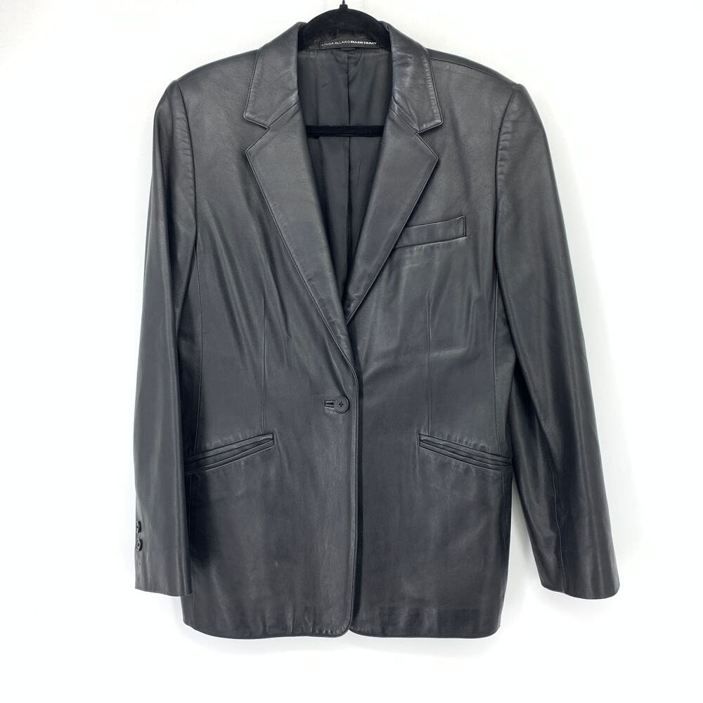 Linda Allard Ellen Tracy Leather Blazer Womens 12 Black Genuine Leather Jacket